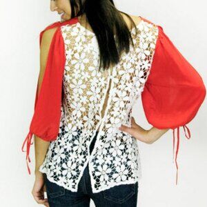 Stitch & Knot Womens Orange Cream Beige Lace Silk Shirt Top Size Small